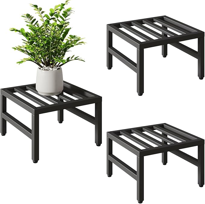 IBUYKE 3 Pack Metal Plant Stand Indoor Outdoor, Heavy Duty Small Flower Pot Stand, Modern Square Plant Shelf Flower Stand for Living Room Patio Balcony Garden, Black TMJ075B-3