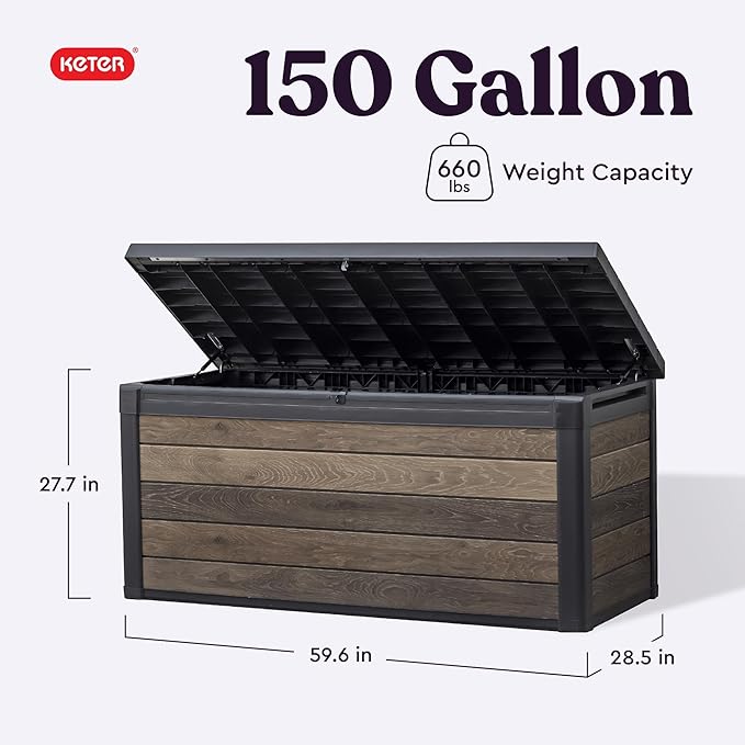 Keter Signature Collection 150 Gallon Resin Deck Box Organization and Storage Box for Patio Outdoor Cushions, Throw Pillows, Garden Tools and Pool Supplies, Walnut