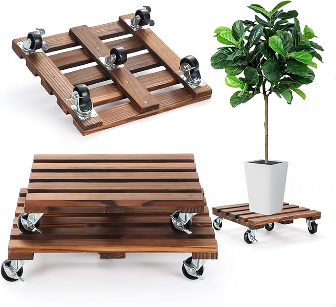 2 Pack Plant Caddy with Wheels, 14" + 12" Rolling Plant Stand 264 LBS Heavy Duty Wooden Square Plant Dolly with Metal 360° Lockable Caster Wheels for Outdoor Indoor Large Plant Pots, Flower Pot, Patio