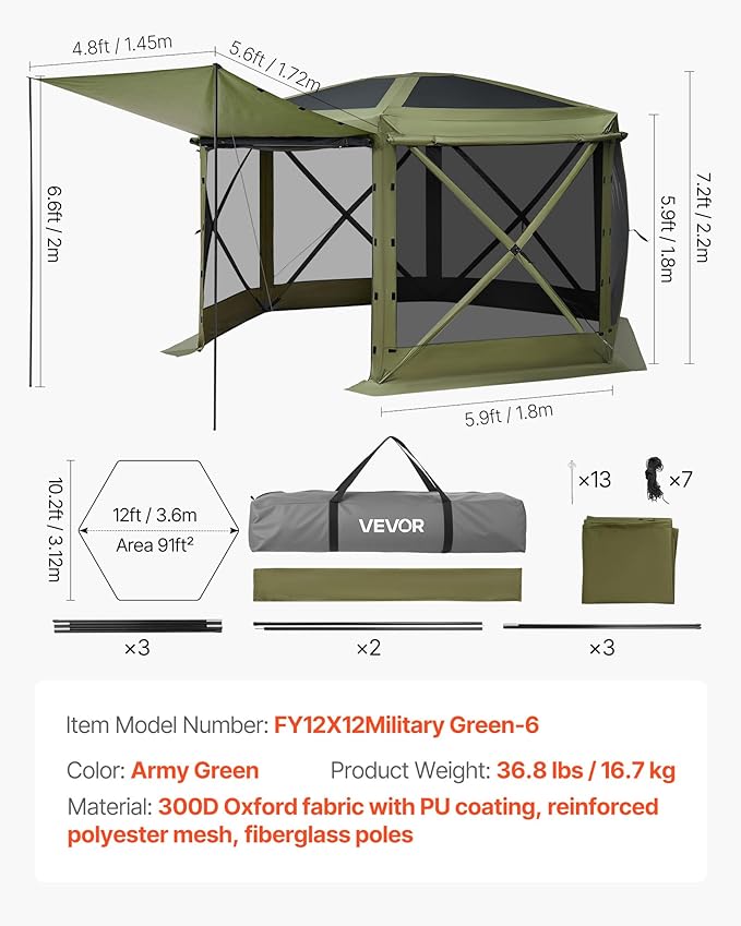 VEVOR Pop up Gazebo Screen Tent, 12 x 12 ft Large 6-Sided Camping Canopy Tent with Removable Top & Carry Bag, Quick-Set & Bite-Proof, Screen House Sun Shelter for 8-10 Persons Backyard Patio, Green