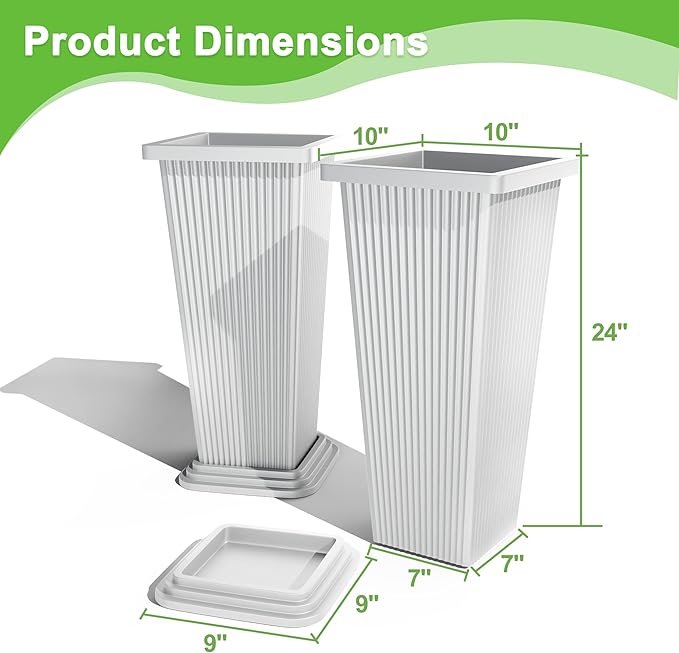 FENCY Set of 2 Tall Planters for Outdoor Plants, 24 Inch Large Tapered Pots with Drainage Trays, Weather-Resistant Plastic Plant Containers for Patio, Porch, Garden, Front Door Decor,White, Striped