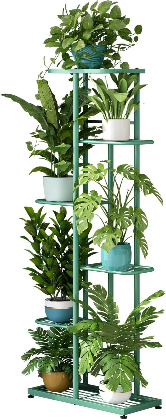 LINZINAR Plant Stand Metal 6 Tier 7 Potted Multiple Flower Pot Holder Shelf Indoor Outdoor Planter Display Shelving Unit for Patio Garden Corner Balcony Living Room (6 Tier 7 Potted, Light Green)