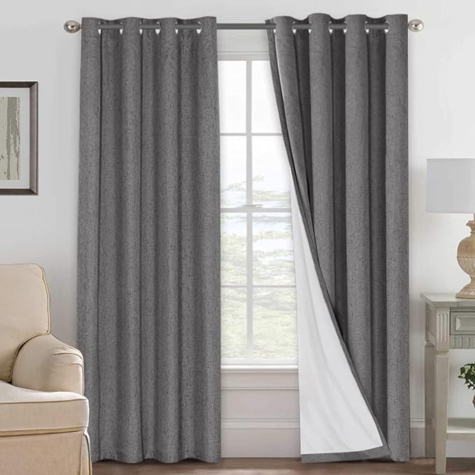 H.VERSAILTEX Linen Blackout Curtains 84 Inches Long 100% Absolutely Blackout Thermal Insulated Textured Linen Look Curtain Draperies Anti-Rust Grommet, Energy Saving with White Liner, 2 Panels, Grey