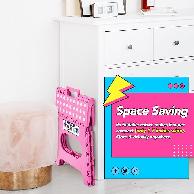 Delxo Folding Step Stool,11 Inch Non-Slip Foldable Step Stools for Kids and Adult,Portable Lightweight Small Folding Stool with Handle for Kitchen Bathroom in Pink,1 Pack