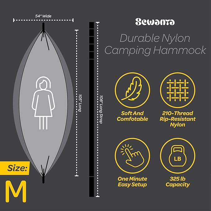 Durable Hammock 400 lb Capacity, Nylon Camping Hammock Chair - Double or Single Sizes w/Tree Straps and Attached Carry Bag - for Travel/Backpacking/Beach/Backyard (Medium, Black & Light Grey)