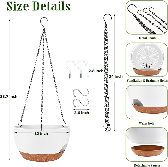 Hanging Planters for Outdoor Indoor Plants, 2 Pack 10 Inch Hanging Basket Plants Outdoor, Self Watering Hanging Planter with Plant Hanger for Garden Home Decoration (White, 10 inch)