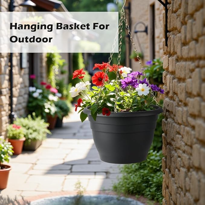 Hanging Planters 10 Inch, 4 Pcs Flower Pots with Drainage Hole, Self Watering Hanging Basket for Indoor Outdoor Plants, Decor, Gray