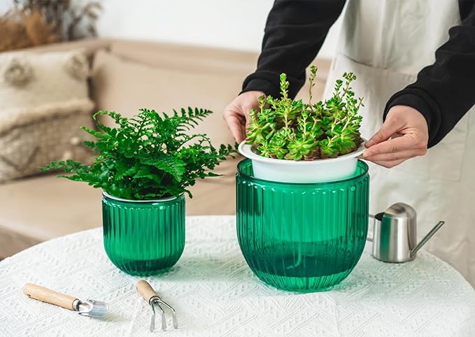 Melphoe 2 Pack Self Watering Hanging Planters Indoor Flower Pots, 5.3/8.3 Inch Outdoor Hanging Basket, Plant Hanger with 3Hooks Drainage Holes for Garden Home (Emerald)