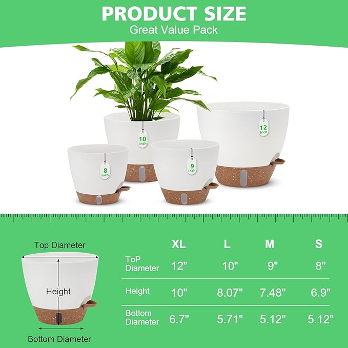 12" 10" 9" 8" Self Watering Pots with Water Level Indicator, Large Plastic Planters Set with Mesh Drainage Hole and Removable Saucer Reservoir, Big Flower Pot for Indoor Outdoor Plants - White
