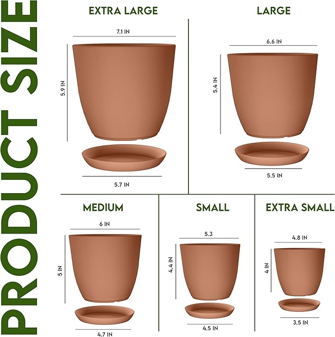 Utopia Home - Plastic Terracotta Pots with Drainage - 7/6.6/6/5.3/4.8 Inches Flower Pots for Indoor Planter - Pack of 5 Plastic Planters, Cactus, Succulents Pot