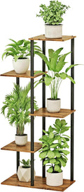 Plant Stand Indoor 5 Tier 6 Potted Metal Wood Plant Shelf, Multiple Flower Pots Corner Tall Plant Holder Stands for Living Room Balcony Bedroom, Rustic Brown