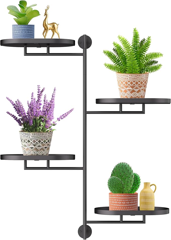 Window Rotating Plant Stand Shelf Indoor Black Metal Floating Shelves 4-Tier Wall Mount Plant hanger Holders for Wall Planter Modern Home Decor window sill gifts