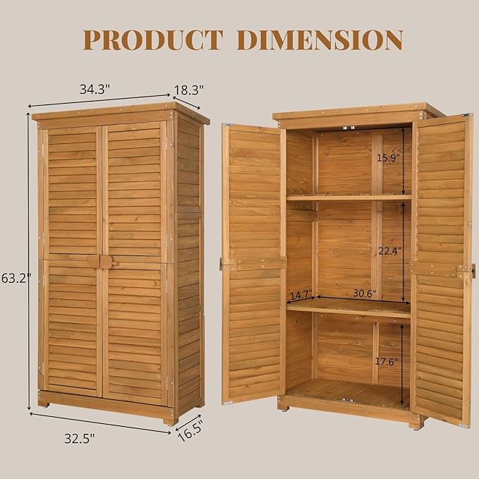 Outvita Outdoor Storage Cabinet, 63in Wooden Garden Tools Shed with 2 Lockable Doors, 3 Adjustable Shelves, Waterproof Roof for Yard Garge Patio Deck Porch, Natural