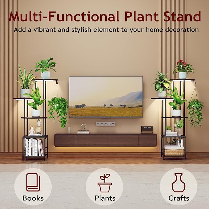 Plant Stand Indoor with Grow Light, 5-Tiered Tall Plant Stand Indoor, Metal Plant Shelf with Hanging Basket Hook and Adjustable Light, Ideal for Living Room, Garden, Patio (Black )