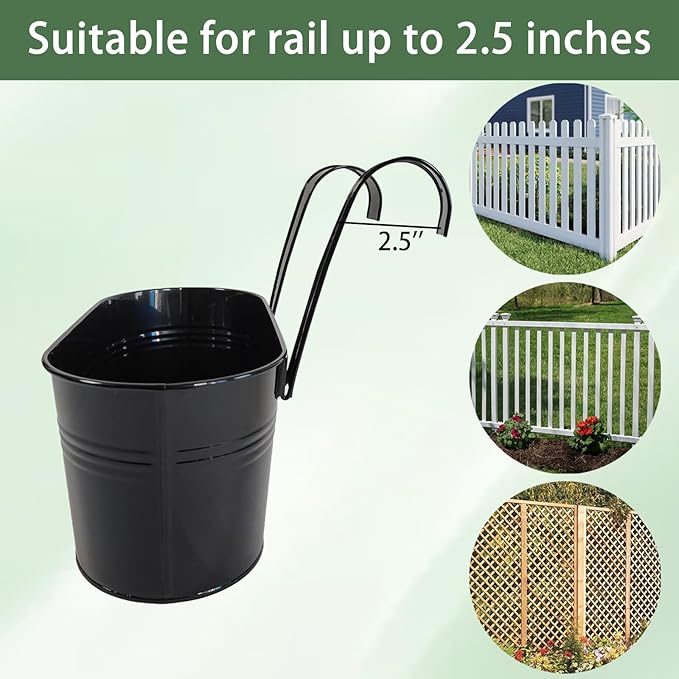 8 Pack Metal Hanging Planter for Outdoor Plants, 10 Inch Black Fence Planters Railing Pots for Garden Patio Balcony Decor, Flower Bucket with Detachable Hooks (Black, 8Pcs)