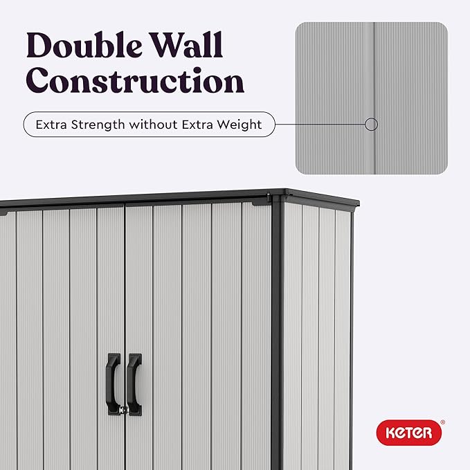 Keter Premier Tall 4.6 x 5.6 ft. Resin Outdoor Storage Shed with Shelving Brackets for Patio Furniture, Pool Accessories, and Bikes, Grey & Black