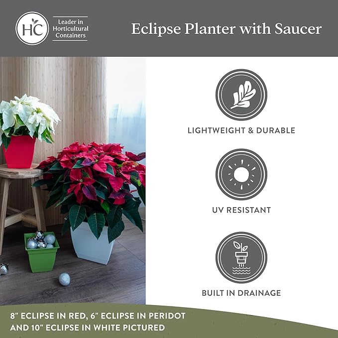 The HC Companies Eclipse Square Plastic Planter w/ Attached Saucer - Outdoor & Indoor Plant Pot with Drainage Holes - Lightweight, UV-Resistant Plastic Pots For Plants (6” Warm Gray, Pack Of 1)