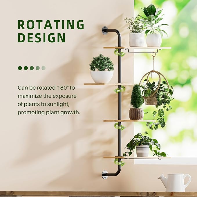 YUOROS Window Shelf for Plants, 4-Tier Rotating Window Sill Plant Shelves Stand Plant Wall Holder with Hanger