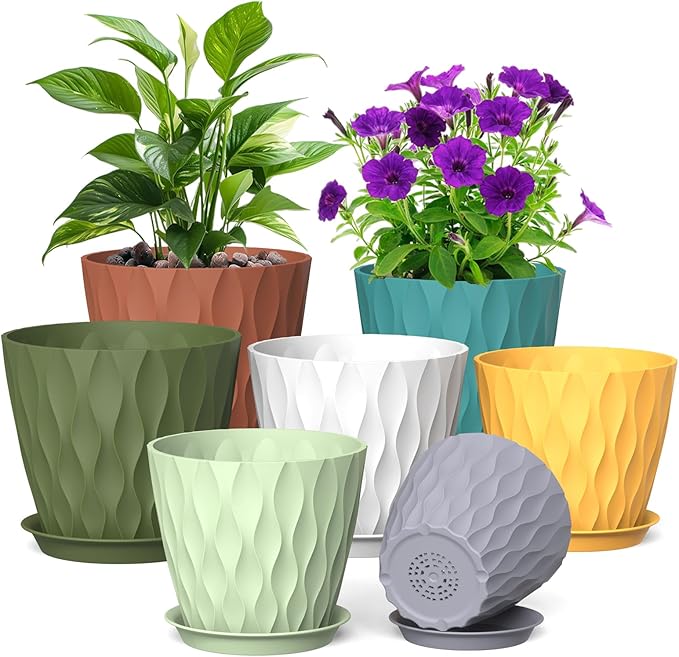 7/6.5/6/5.5/5/4.5/4 inch Plant Pots for Indoor Outdoor Plants, 7 Pack Thick Flower Pots with Drainage Holes and Saucers, Modern Wave Texture Small Plastic Planters Nursery Pots, Multicolor