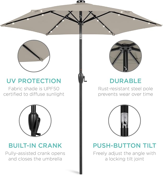 Best Choice Products 7.5ft Outdoor Solar Market Table Patio Umbrella for Deck, Pool w/Tilt, Crank, LED Lights - Beige