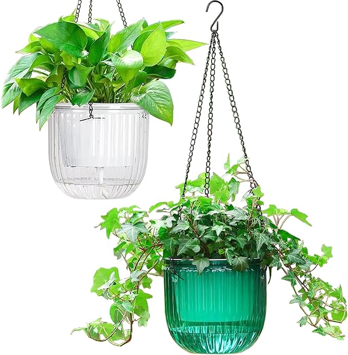 Melphoe 2 Pack Self Watering Hanging Planters Indoor Flower Pots, 6.5 Inch Outdoor Hanging Plant Pot Basket, Plant Hanger with 3Hooks Drainage Holes for Garden Home
