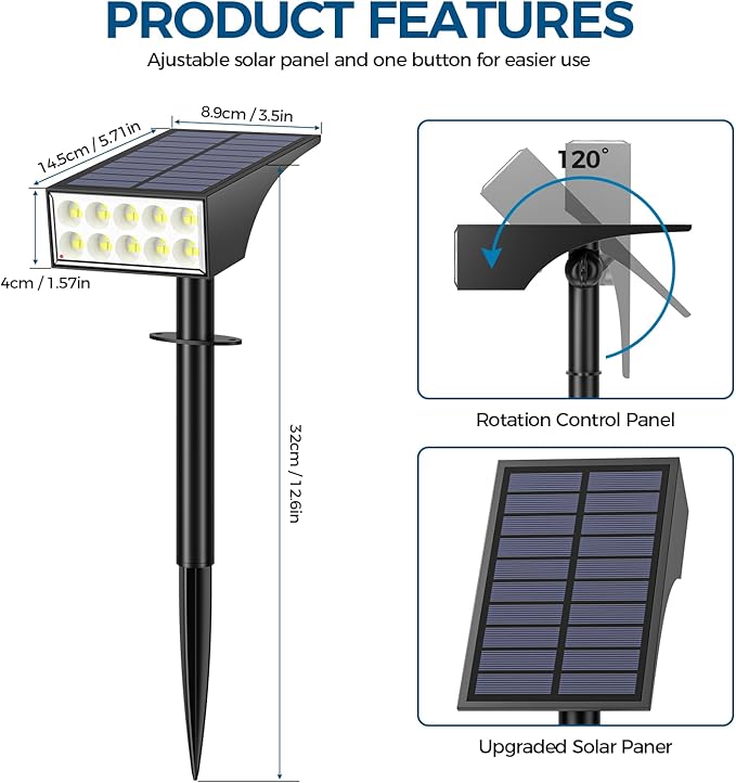 Solar Lights Outdoor Waterproof, Solar Spot Lights- 2 Pack/4 Mode LED Spotlights 2-in-1 Auto On/Off Powered Landscape Lighting for Outside Yard Wall Garden Path Driveway, Cool White