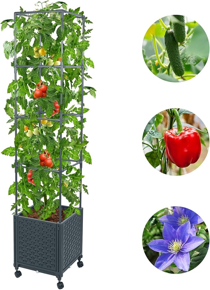 GREEN MOUNT Raised Garden Bed Planter Boxes with Trellis for Climbing Vegetables Plants, 56.7" Tomatoes Planters Outdoor Tomato Cage w/Wheels