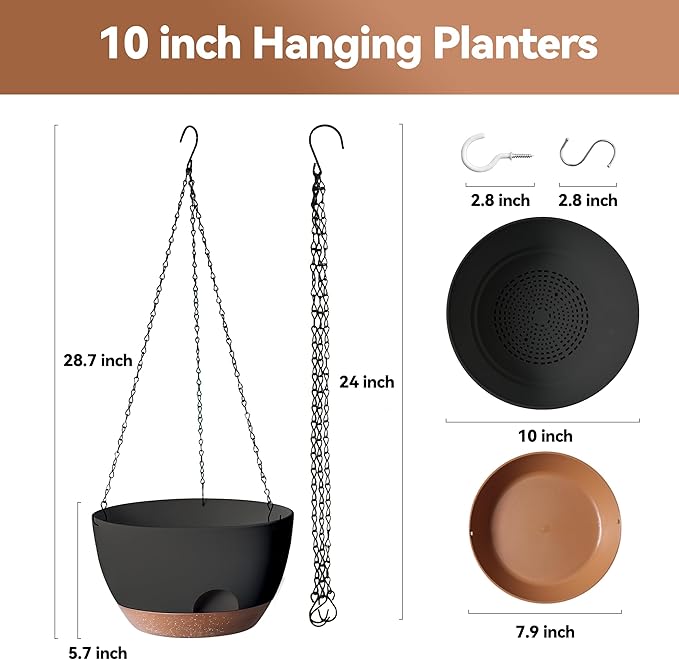Hanging Planter for Indoor Plants, 10 Inch Self-Watering Hanging Planters with Drainage Holes and Chain, Set of 2 Outdoor Hanging Pots for Garden Home