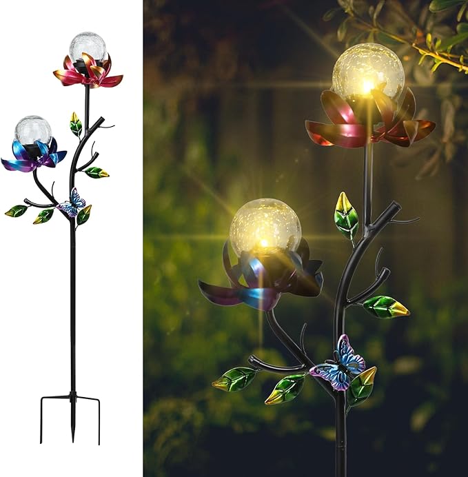 VCUTEKA Solar Garden Flowers with LED Light Crackle Glass Globe Solar Lights Outdoor Metal Stake Wind Spinner for Garden Decoration, Patio Decor, Yard Decor and Gift for Mother