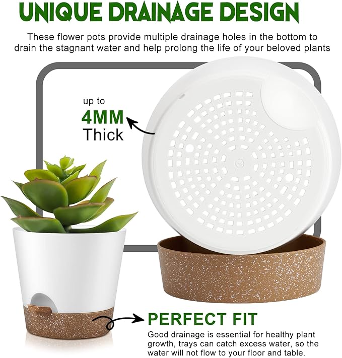Indoor Outdoor Plant Pots- Self Watering Planters with Drainage Holes and Saucers, 9,8, 7.5 Inches, 3 Pots (Snow)