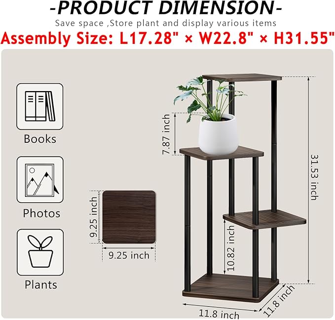 AZERPIAN Plant Stand 4 Tier Indoor Metal Flower Shelf for Multiple Plants Corner Tall Flower Holders for Patio Garden Living Room Balcony Bedroom, Black oak
