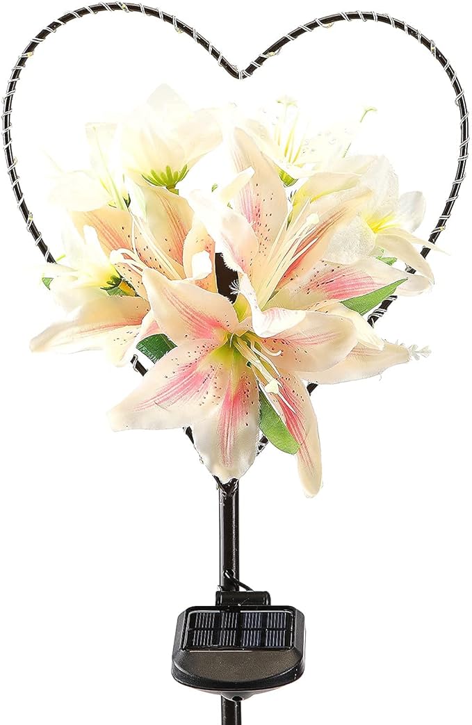 Starryfill Garden Solar Lights Outdoor Heart-Shaped with White Lily Flowers, Metal Stake Lights with 25led Warm White Decorative for Remembrance Gifts Cemetery Decorations Birthday's Day