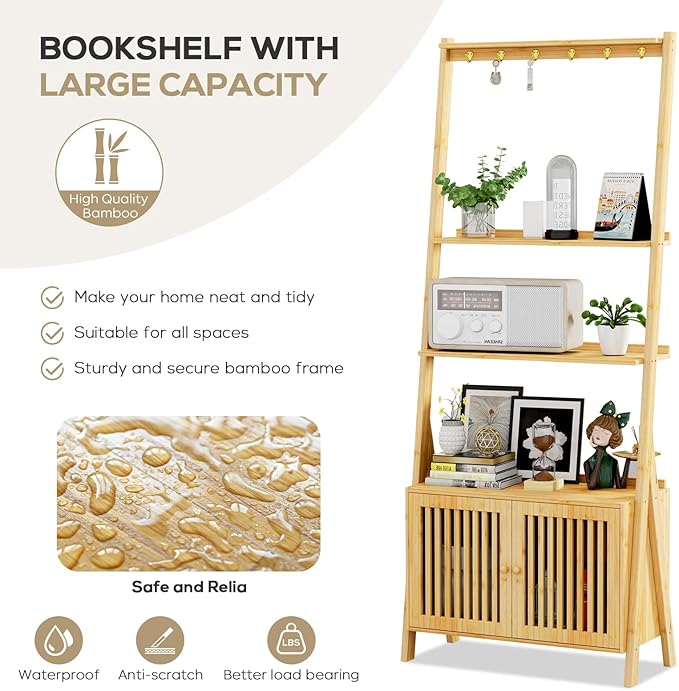 Bookcase with Drawers, 4-Tier Bamboo Bookshelf Ladder Shelf with 6 Hooks, Tall Narrow Book Shelf, 24.8"L x 10.6"W x 59.5"H, Standing Storage Organizer for Living Room, Home Office, Bedroom, Bathroom