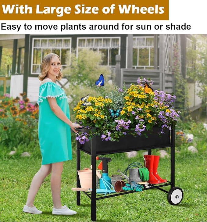 Koutemie Outdoor Raised Planter Bed Box with Legs for Gardening, Elevated DIY Garden Cart on Wheels for Vegetables Flower Tomato Herb Plant, Black