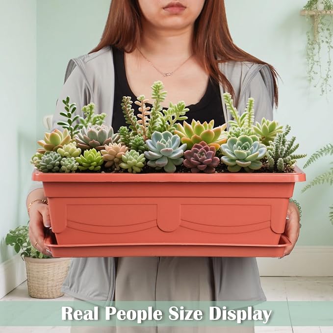 6-Pack 17" + 7" Window Box Planters & Square Pots - 4p Square Planters with Built-in Drainage & Stopper, 2p Rectangular Flower Boxes, Heavy-duty Flower Pots BPA-Free for Indoor Outdoor Gardening