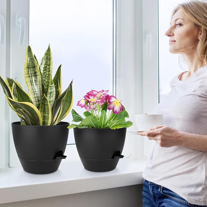 Plant Pots 12/10/9 Inch Self Watering Pots, Set of 3 Plastic Planters with Drainage Holes and Saucers,Plastic Flower Pots,Nursery Planting Pot for Indoor Out Door Plants(Pure Black)