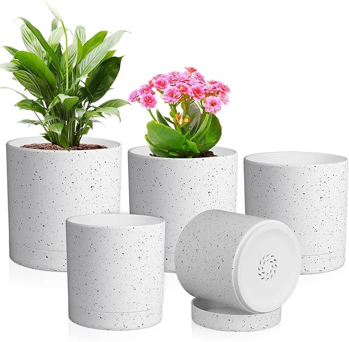 7/6.5/6/5/4 inch Plant Pots, 5 Pack Cylinder Flower Pots for Small Indoor Outdoor Plants, Plastic Planters with Drainage Holes and Saucers for Garden Succulent House Plants, Speckled White