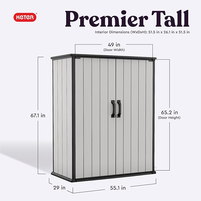 Keter Premier Tall 4.6 x 5.6 ft. Resin Outdoor Storage Shed with Shelving Brackets for Patio Furniture, Pool Accessories, and Bikes, Grey & Black