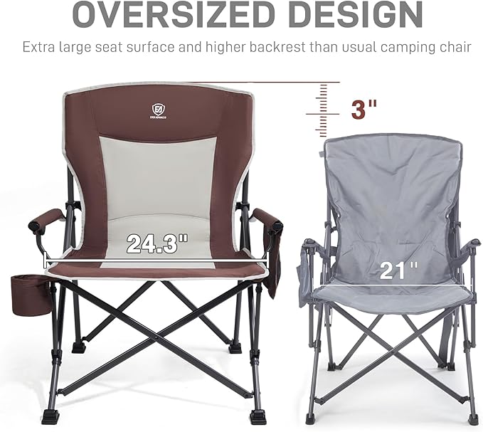 EVER ADVANCED Oversized Folding Camping Chair, for Adults Heavy Duty Lawn Chair with Side Pockets, Portable Collapsible Quad Chair for Outside, Support Up to 500lbs, Red