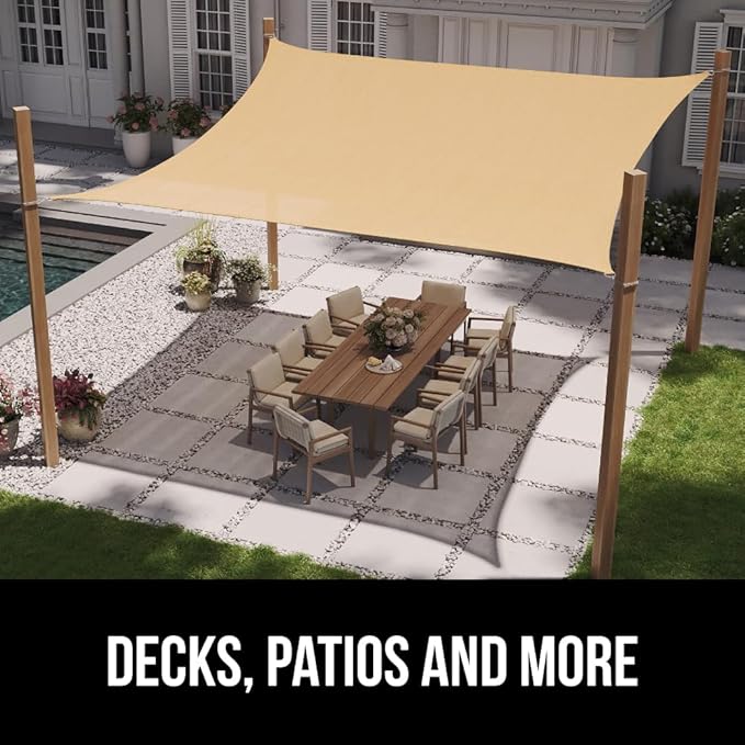GORILLA GRIP Heavy Duty Sun Shade, UV Protection Fade Tear and Rust Resistant Rectangle Sunshade Canopy, Curved Edges Blocks Sunlight, Breathable Sail, Outdoor Patio, Lawn Garden, 6x10 FT Sand