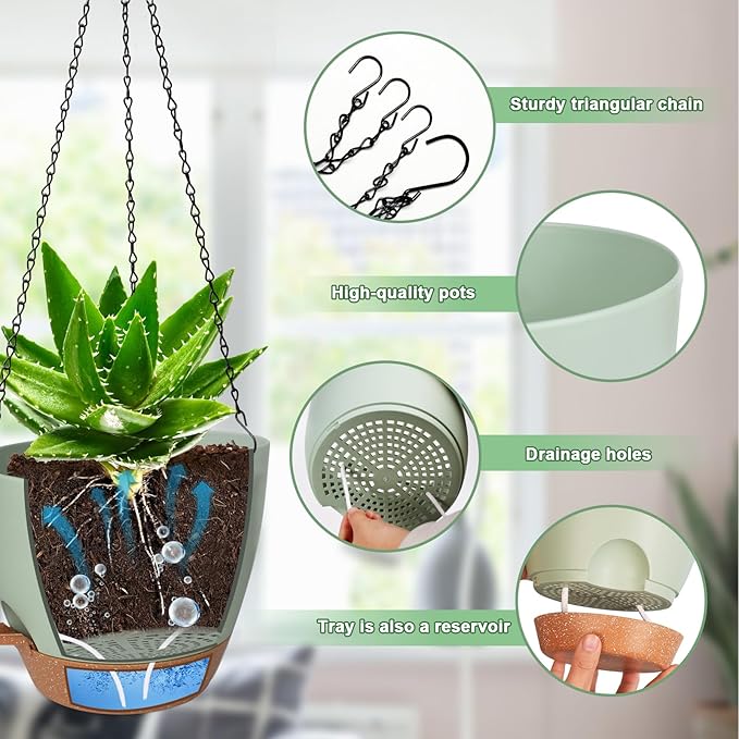 10/9/8 Inch Hanging Planter for Indoor Outdoor Plants, 3 Pack Self-Watering Hanging Pot with Drainage Holes Hanging Planter Baskets Plant Pots with Removable Tray (Green+Brown)