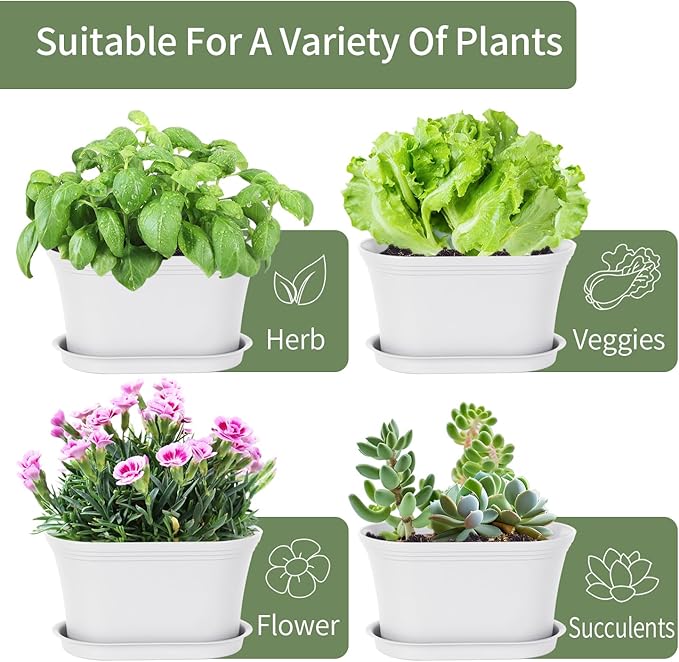Windowsill Garden Pots, White Plastic Flower Pots with Drainage Tray for Herb, Succulents, African Violet (Pack of 6)