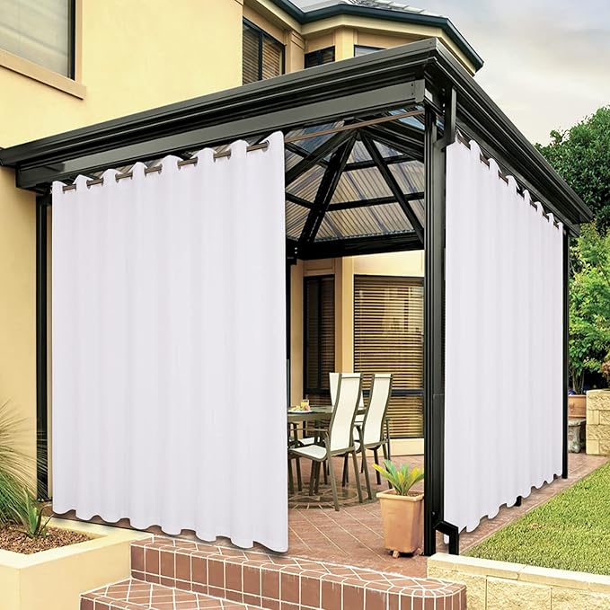 BONZER Waterproof Outdoor Curtains for Patio Porch Pergola Cabana Thick Privacy Extra Wide Grommet Indoor Curtains for Bedroom Living Room, 1 Panel, 150W x 84L inch, White
