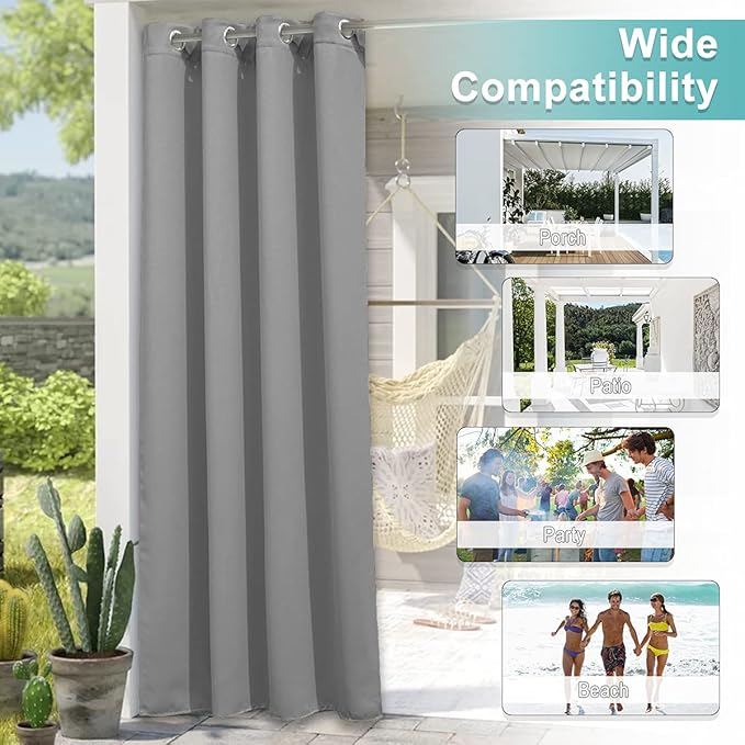 NICETOWN Patio Curtains Outdoor Waterproof, Sun Blocking Weatherproof Porch Blind Thermal Insulated Outside Covering, Privacy Shades for Pergola/Balcony, W52 x L72 inch, Silver Gray, 1 Panel