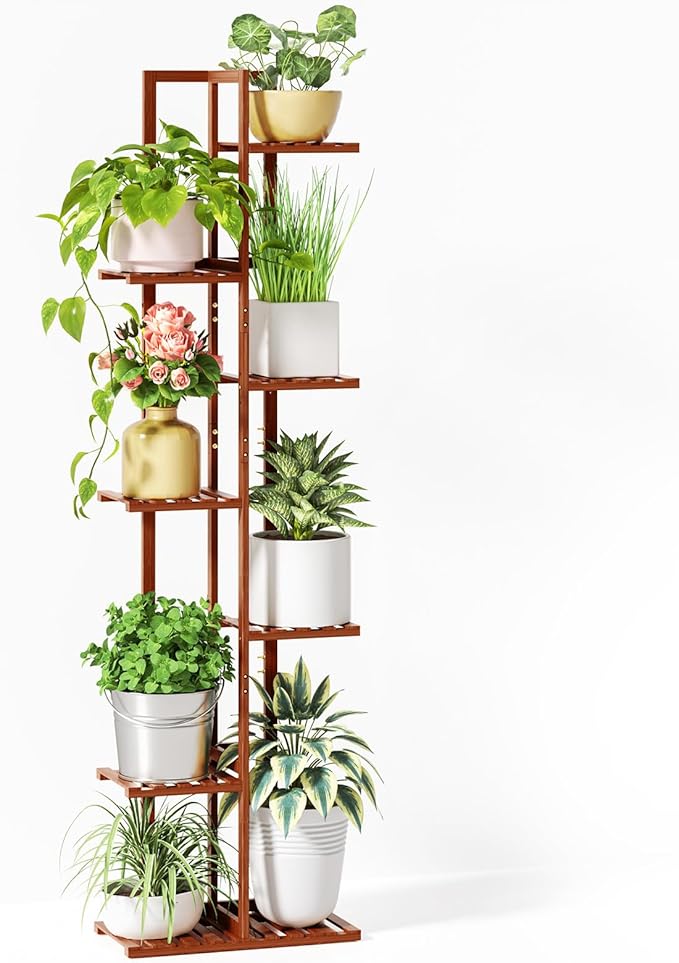 ROSSNY 55 Inch Tall Plant Stand Indoor, 7 Tier 8 Potted Bamboo Plant Stands for Indoor Plants, Corner Plant Stand, Tiered Plant Stands, Plant Shelf For Indoor, Planter Holder for Multiple Plants Indoor, Brown