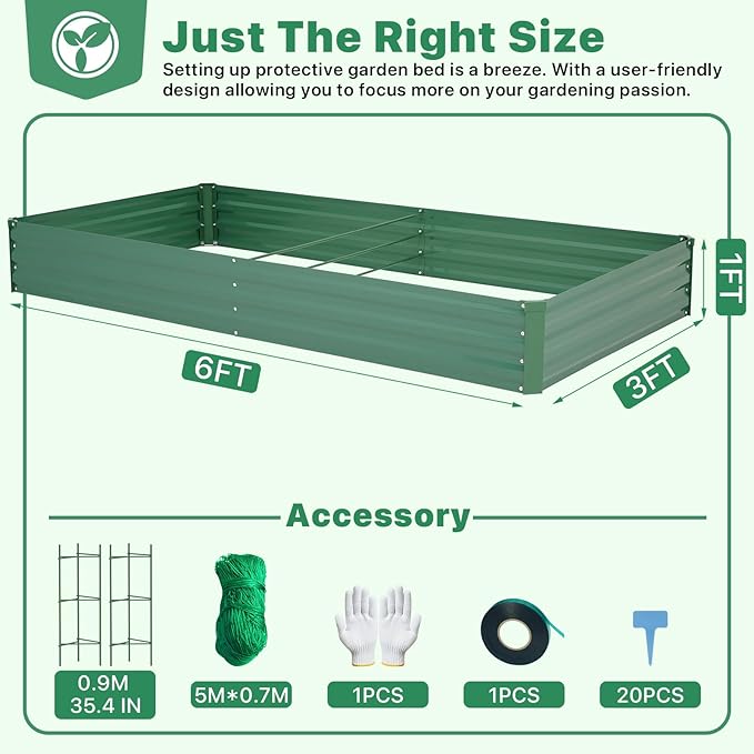 ONCEMORE Galvanized Raised Garden Bed for Vegetables Flowers Herbs, Metal Raised Garden Bed Kit with 2 PCS Tomato Cage, Gloves, Trellis Netting, Plant Labels, Plant Ties, Green 6×3×1FT