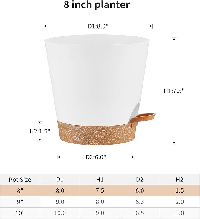FaithLand 2-Pack 8 Inch Planter Pots for Indoor Outdoor Plants, Self Watering Flower Pots with Deep Reservoir, White with Terracotta …