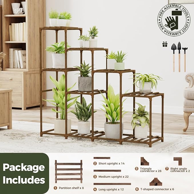 Bamworld Tall Plant Stand Indoor Wood Plant Shelf Outdoor Tiered Plant Rack for Multiple Plants 4 Tiers 10 Pots Ladder Plant Holder Plant Table for Plant Pots Boho Home Decor for Gardening Gifts