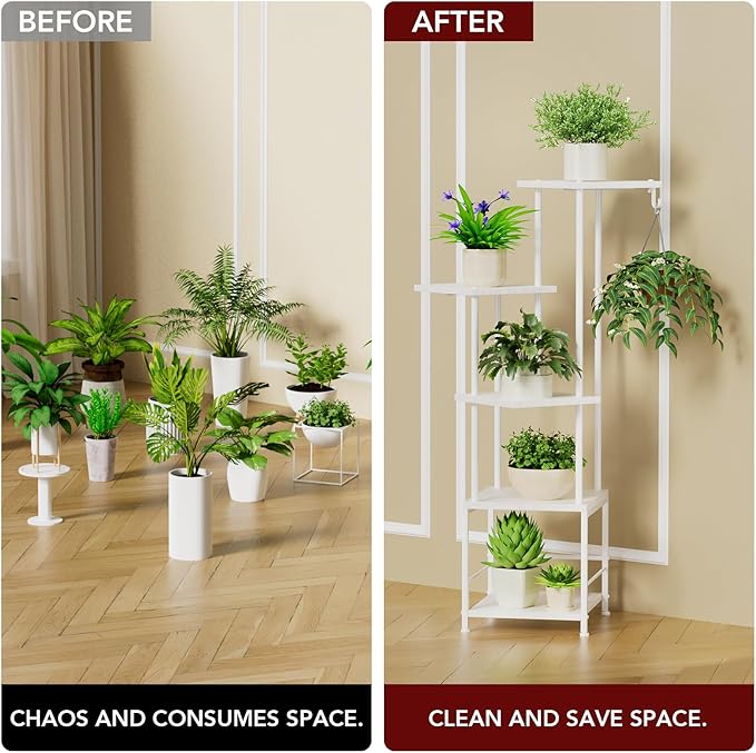 Plant Stand Indoor with Grow Light, 5-Tiered Tall Plant Stand Indoor, Metal Plant Shelf with Hanging Basket Hook and Adjustable Light, Ideal for Living Room, Garden, Patio white