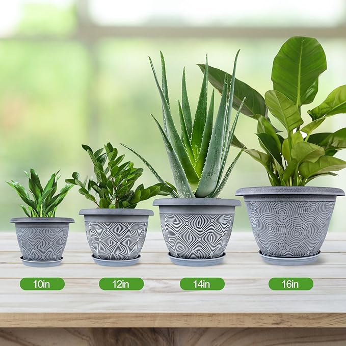 10 Inch Flower Pots Planters for Indoor Outdoor Plants, 3 Pack Plastic Large Plant Pots with Drainage Hole & Tray, Modern Decorative Garden Pot with Saucer, Plant Container for House